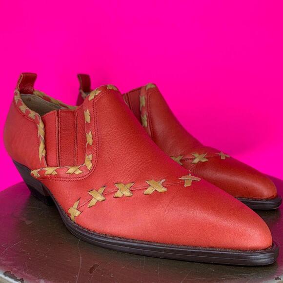 Sabree Joan Red Tan Leather Woven Detail Western Ankle Bootie Sz 7 - Picture 1 of 8